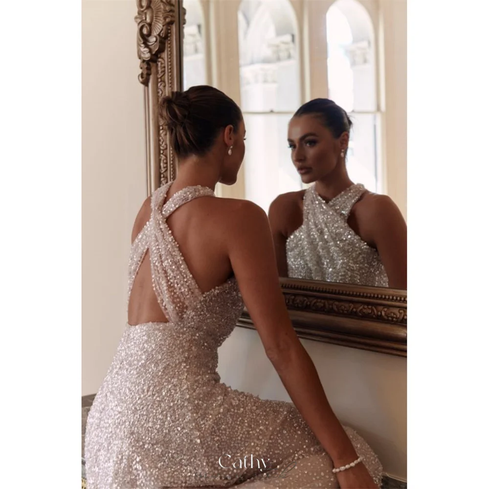 Женское свадебное платье с блестками Cathy элегантное блестящее лямкой на шее и