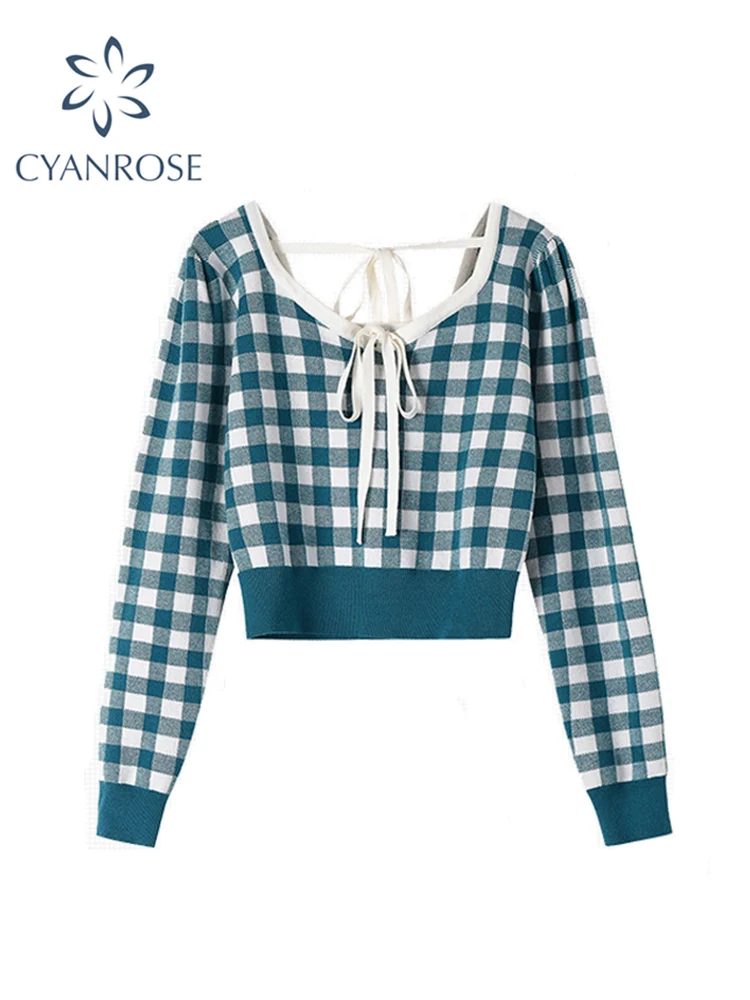 

Autumn Plaid Crop Knitted Sweater Women Long Sleeve Korean Casual Sweet Elegant Pullover Square Neck Slim Female Knitted Top