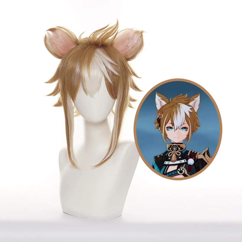 

Genshin Impact Gorou Cosplay Game Anime Plush Ear Mixed Wig Synthetic Hair Halloween Party Wigs + Wig Cap