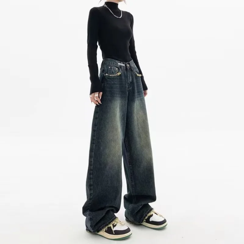 Autumn and Winter New Fashion Trendy Jeans Women's Straight Loose Wide-Leg Pants Water Blue Retro Slim Fit