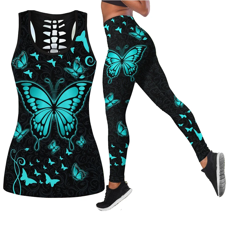 Summer Fashion Butterfly 3D Print Women Hollow Tank Top+Leggings Yoga Suit Gym Yoga Sets Women Sportswear Yoga Set