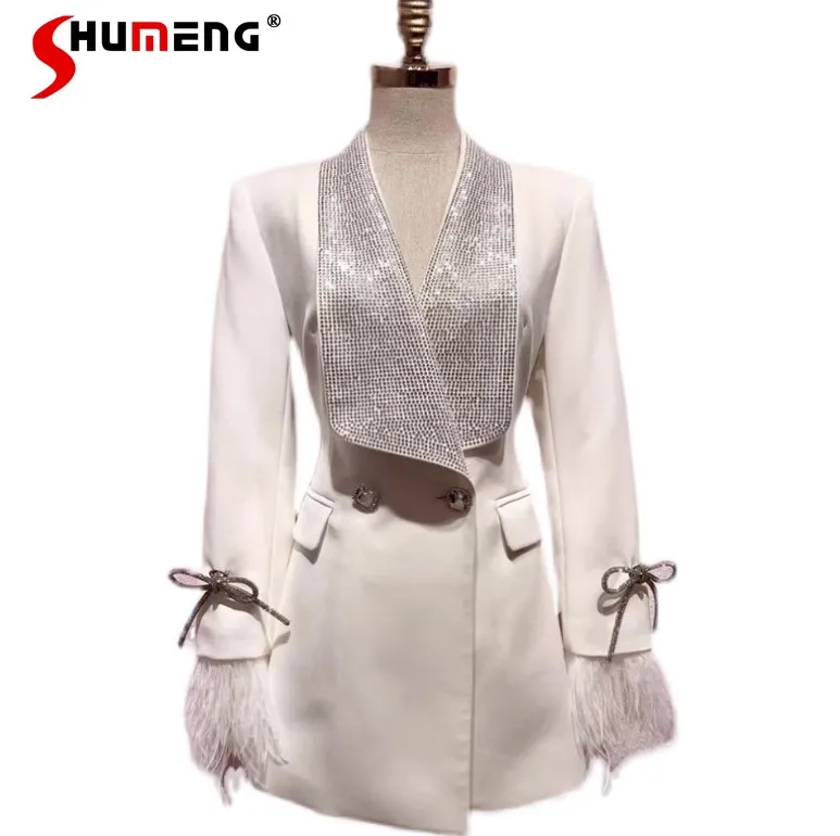 

High Grade Slimming Feather Stitching Rhinestone Suit Jacket Women Autumn Winter New White and Black Blazer Coat Outerwear