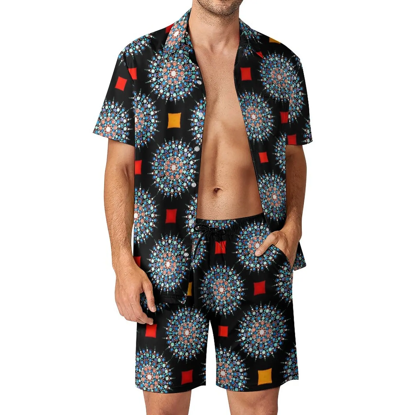 

Пляжный Мужской комплект с абстрактной мандалой, цветной цветочный принт, Повседневная рубашка, летние дизайнерские шорты, костюм из двух предметов, большой размер