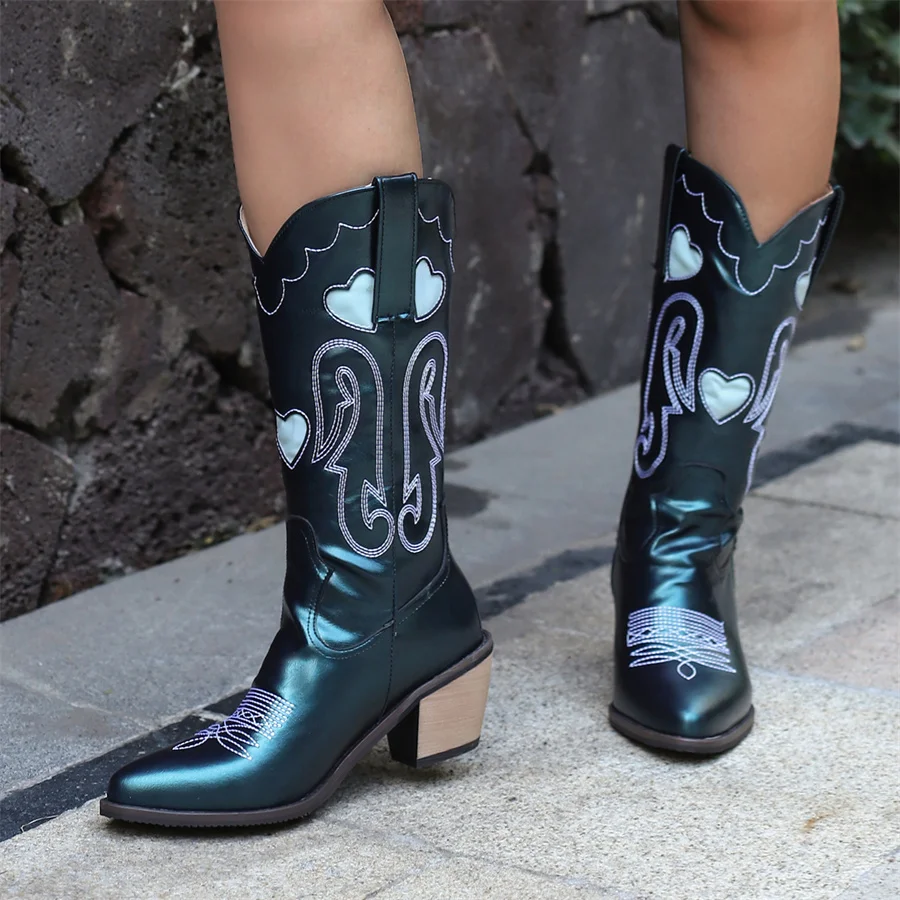 

Women Mid Calf Boots 2023 Ladies Pumps Large Size 43 Pointed Toe Party Heart Shaped High Heel Western Cowboy Boots Dropshopping