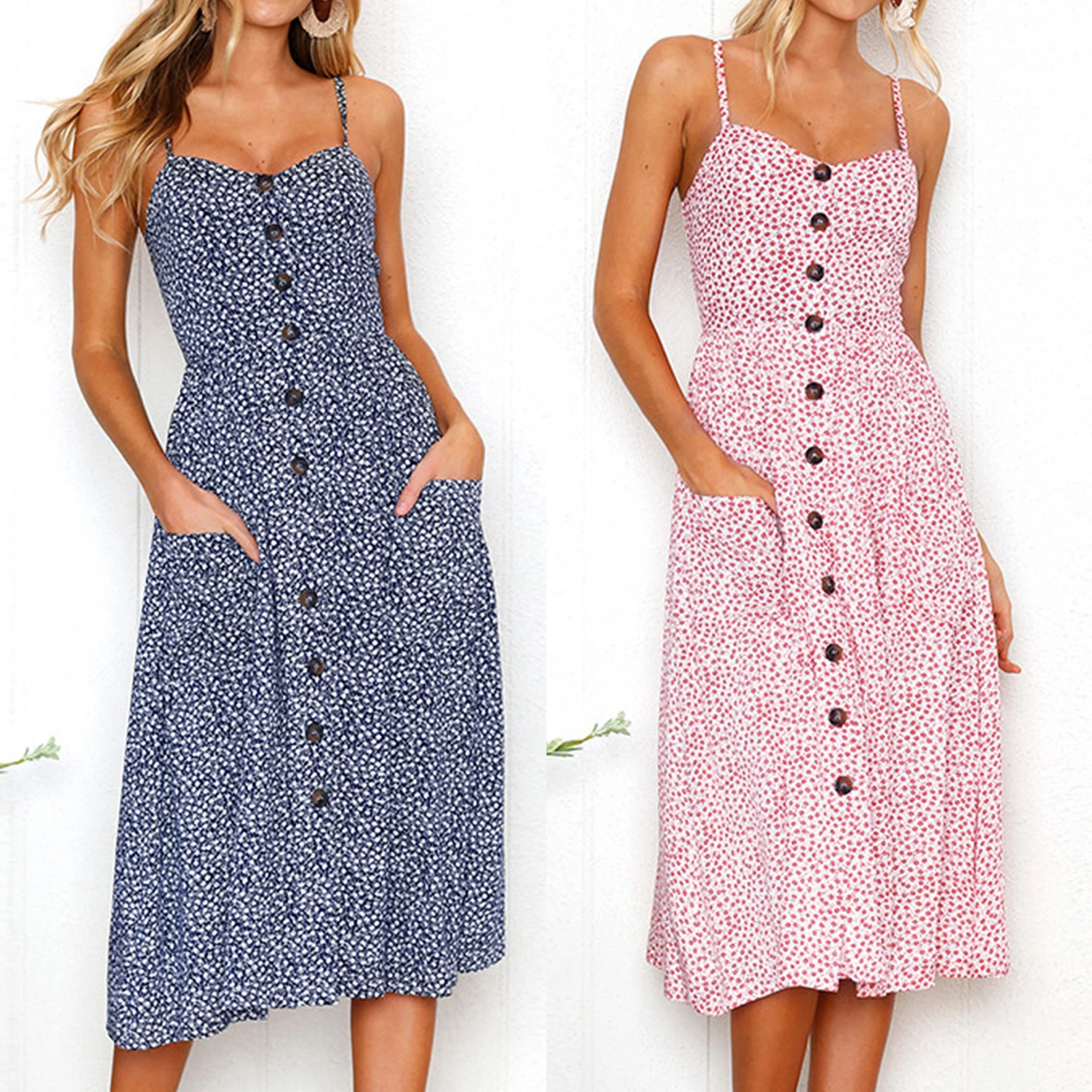 

Ladies Spaghetti Strape Dress Soft Backless Sling Dress Bohemian Fit and Flare with Pockets for Traveling Dating Vacation