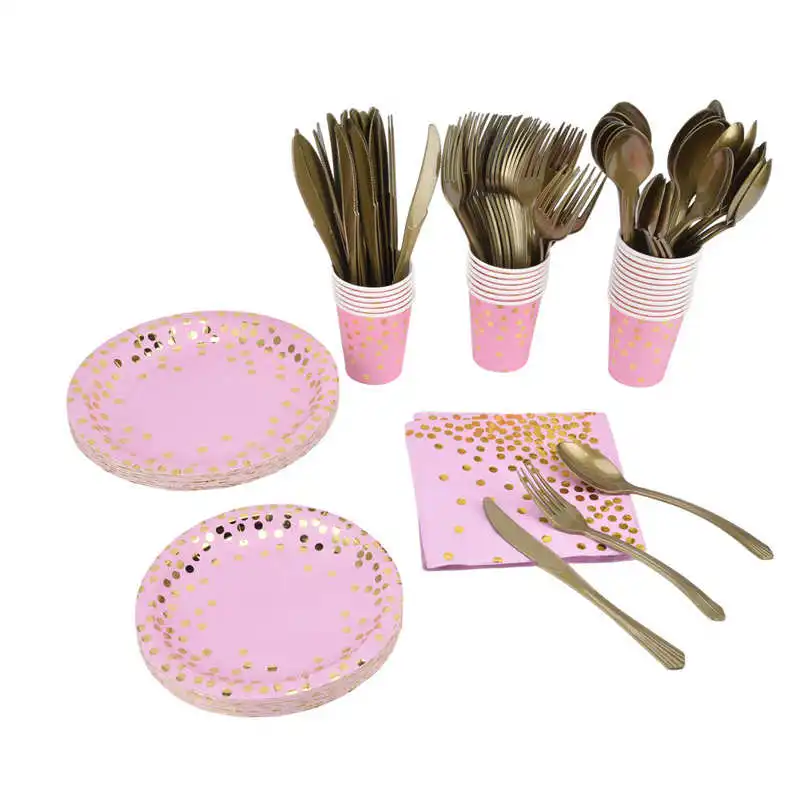 Party Sets Disposable Supplies Paper tray Knife fork paper cup napkin Pink Rose Gold for Birthday Wedding Party Cutlery Tray