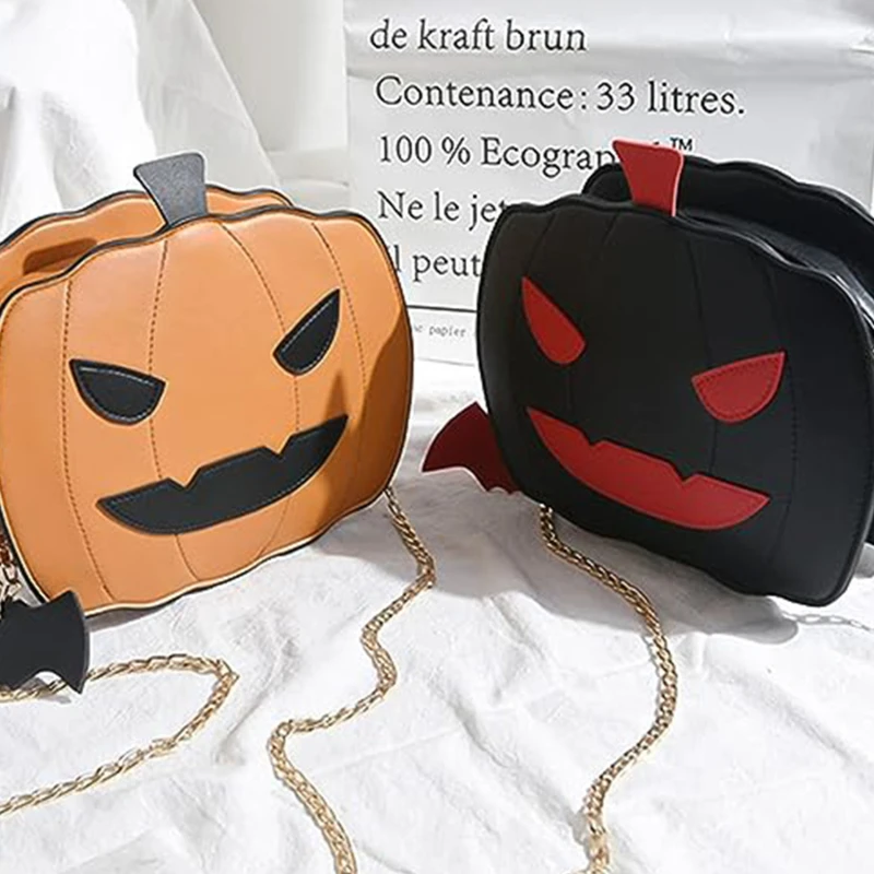 

Fashion Female Fanny Glitter Crossbody Handbag Halloween Devil Pumpkin Shaped Fashion Wild Fantastic Chain Shoulder Bag Handbag
