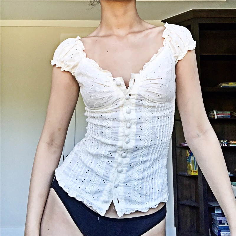 

Kawaii White Corset Top 2000s T-shirts Lace Trim Vintage Harajuku Button v Neck Slim Pullovers Tees Y2k Milkmaid Top T-shirt