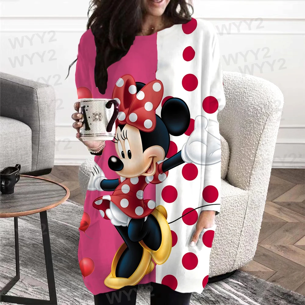 Disney Minnie Mickey Mouse Print Female Extended T-shirt Casual Long-sleeved Loose Streetwear Oversized Tops Large Size Ladies