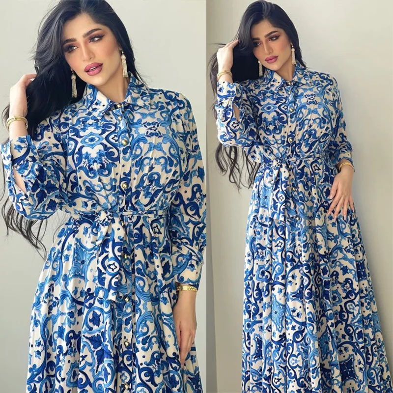 

Mandylandy Women Islamic Jilbab Muslim Abaya Dubai Maxi Dress Elegant Casual Kaftan Floral Printed Long Shirt Dress Kaftan Dress