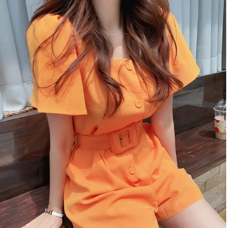 2021 Summer Women New Jumpsuit Casual Orange Temperament Square Neck Puff Sleeve Single Breasted Loose Jumpsuit Solid Playsuits