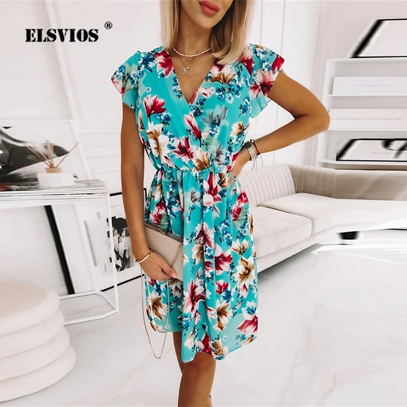 

Новинка лета 2022, Женские Элегантные платья, вечернее мини-платье с цветочным принтом, женское привлекательное ТРАПЕЦИЕВИДНОЕ ПЛАТЬЕ С V-обр...