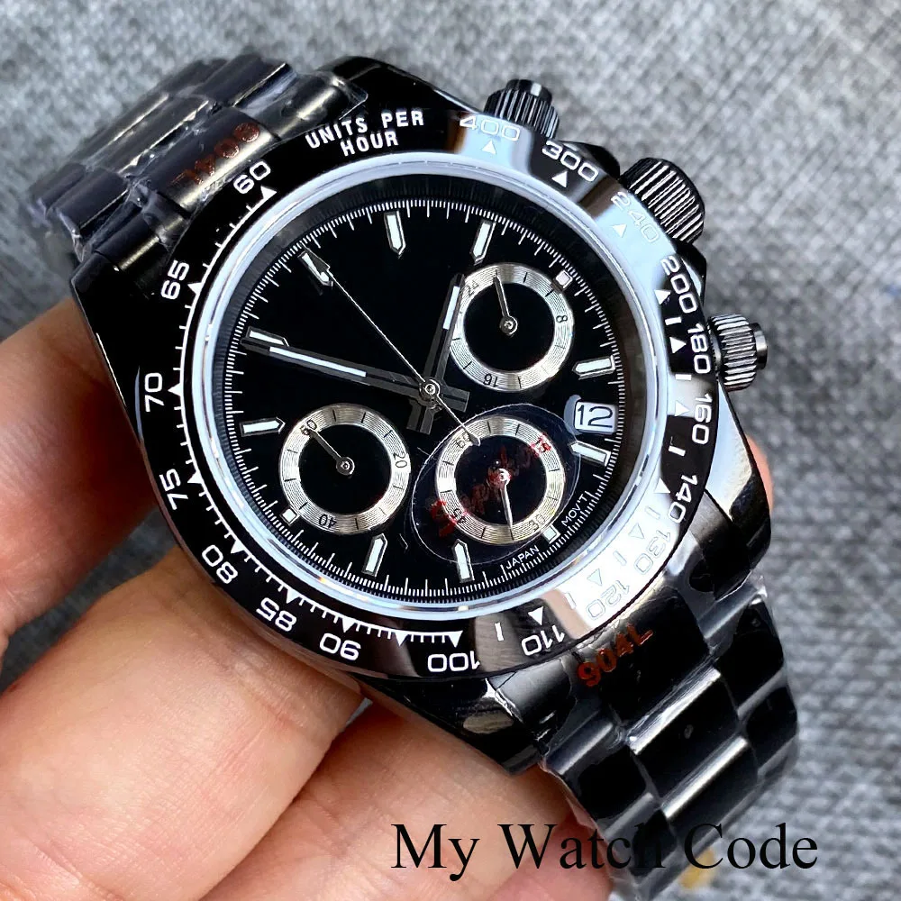 Sport VK63 Black Quartz Watch for Men Three-eye Dial Chronograph Speed Wristwatch 24 Hours Calendar Date 904L Bracelet Custom