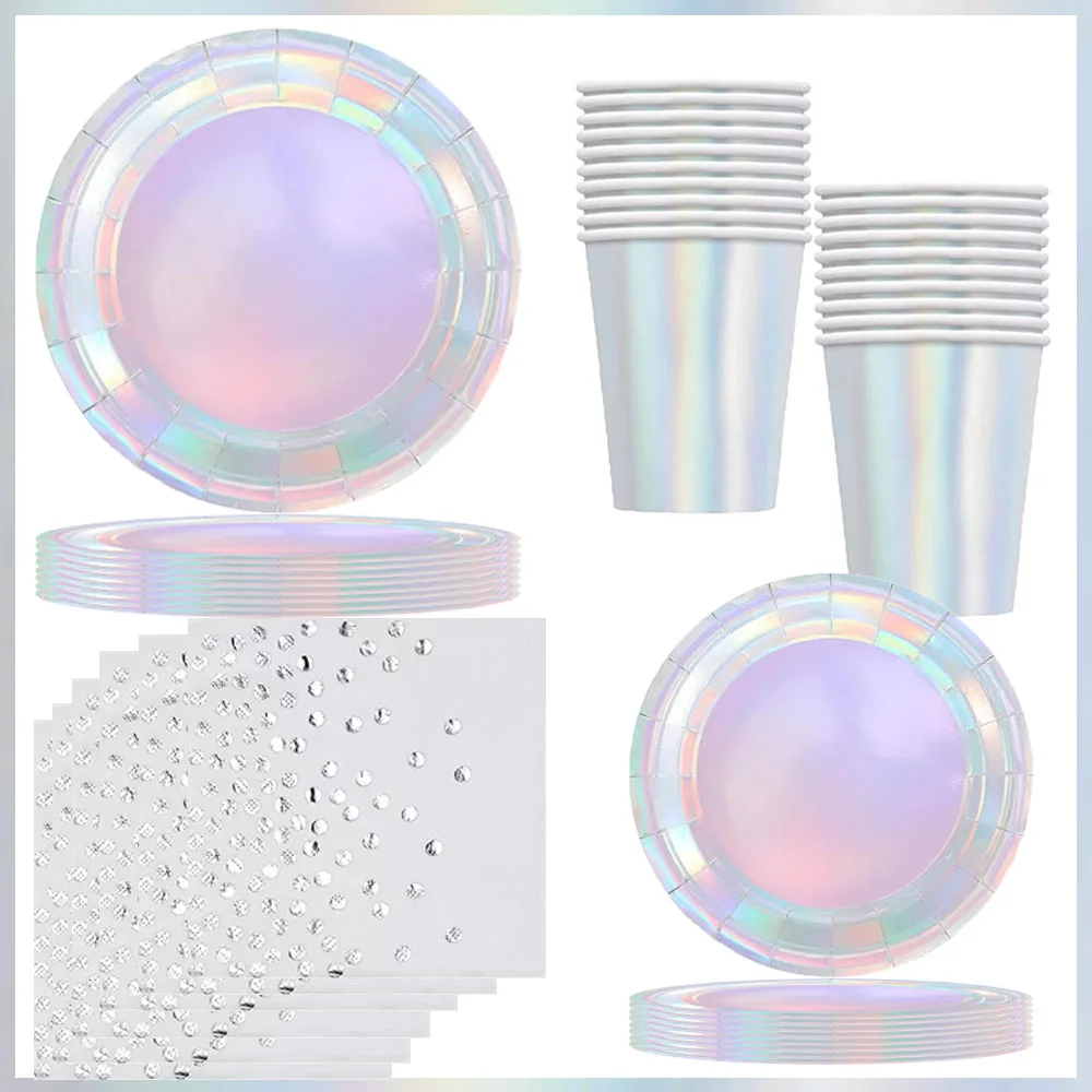Радужные украшения для вечеринок посуда голографическая бумажная тарелка чашка