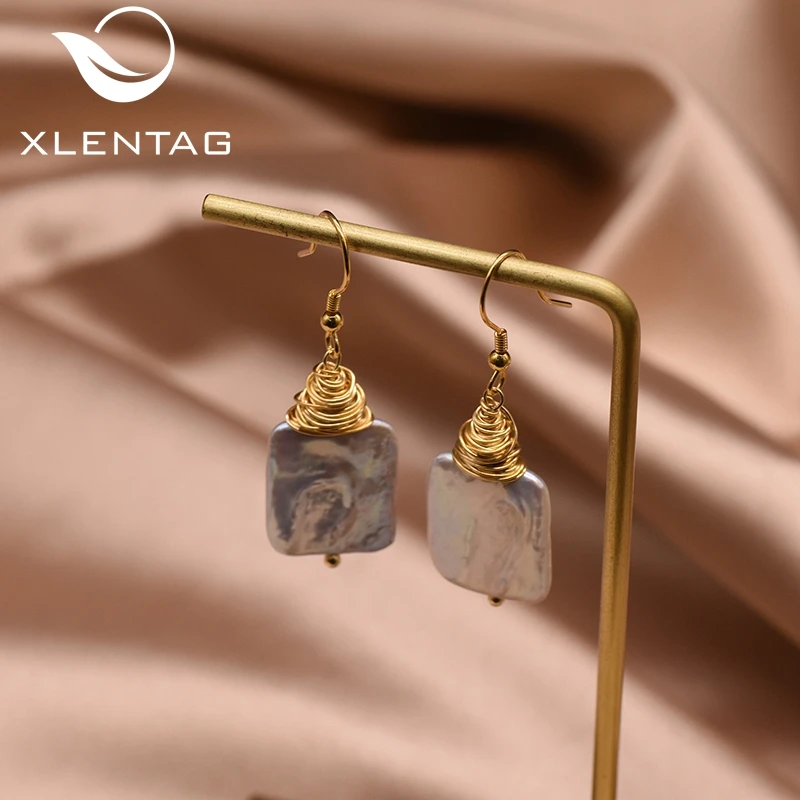 

XlentAg Handmade Natural White Flat Baroque Pearl Drop Women Earrings Gift Of Love Minimalist Jewerly Original Designer GE0902A