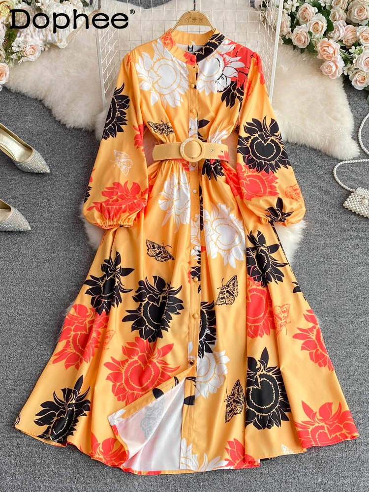 

2022 new autumn fashion lantern full sleeves printed round neck high waist belt A-line shirt dress female vestido