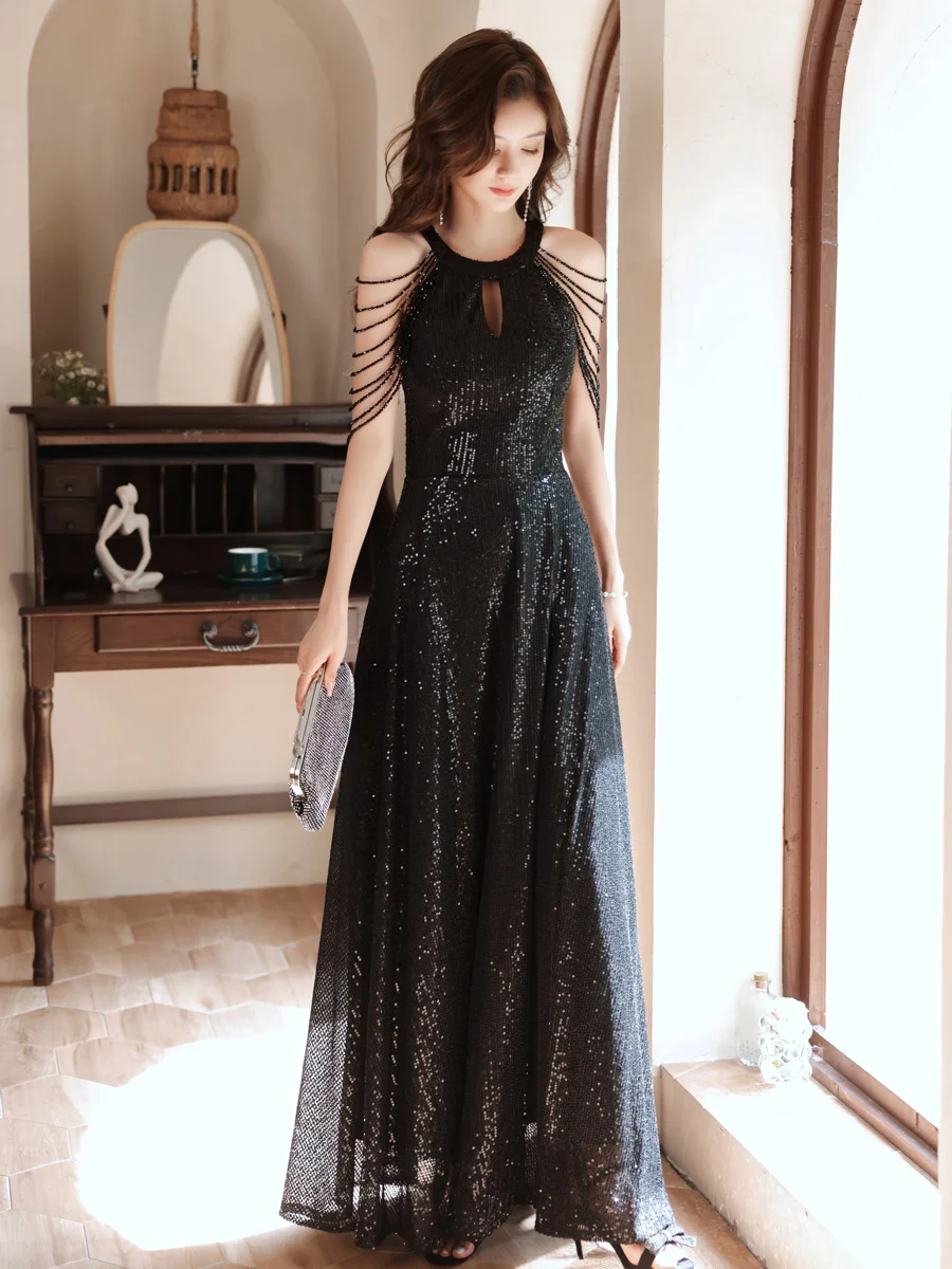 

Женское длинное платье с лямкой на шее, черное платье трапециевидной формы с бусинами, вечернее платье, 2022