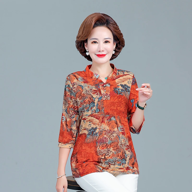 

Summer Elegant Printed Women T shirt Tops 5XL Mother Clothes Female half sleeve Buttons V-Neck Casual Tee