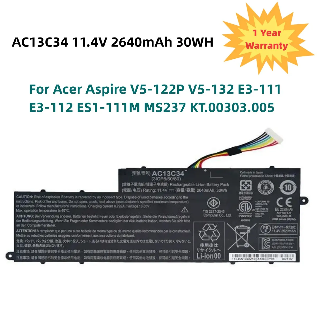 

AC13C34 Laptop Battery For Acer Aspire V5-122P V5-132 E3-111 E3-112 ES1-111M MS237 KT.00303.005 11.4V 30WH/2640mAh