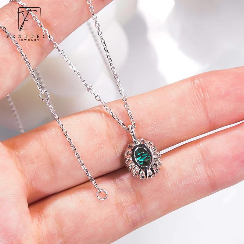 FENTTECI Classic S925 Sterling Silver High-end Luxury Emerald Necklace Zircon Gemstone Pendant for Women Jewelry Gift