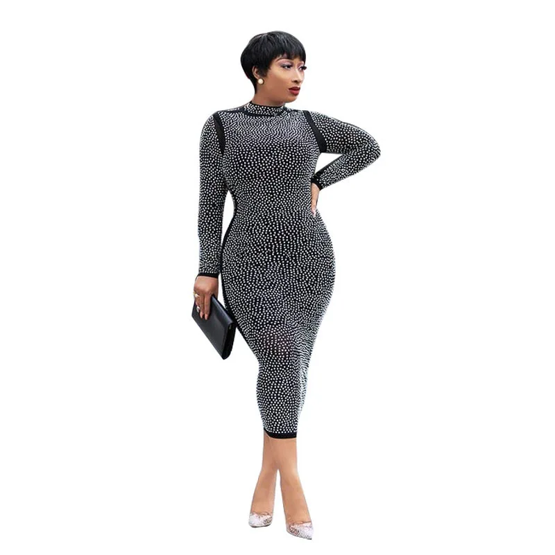 

Women Summer Beading Studded Sexy Black Mesh Mid-Calf Bodycon Bandage Dress 2022 Evening Party Lady Long Sleeve Vestidos Dresses