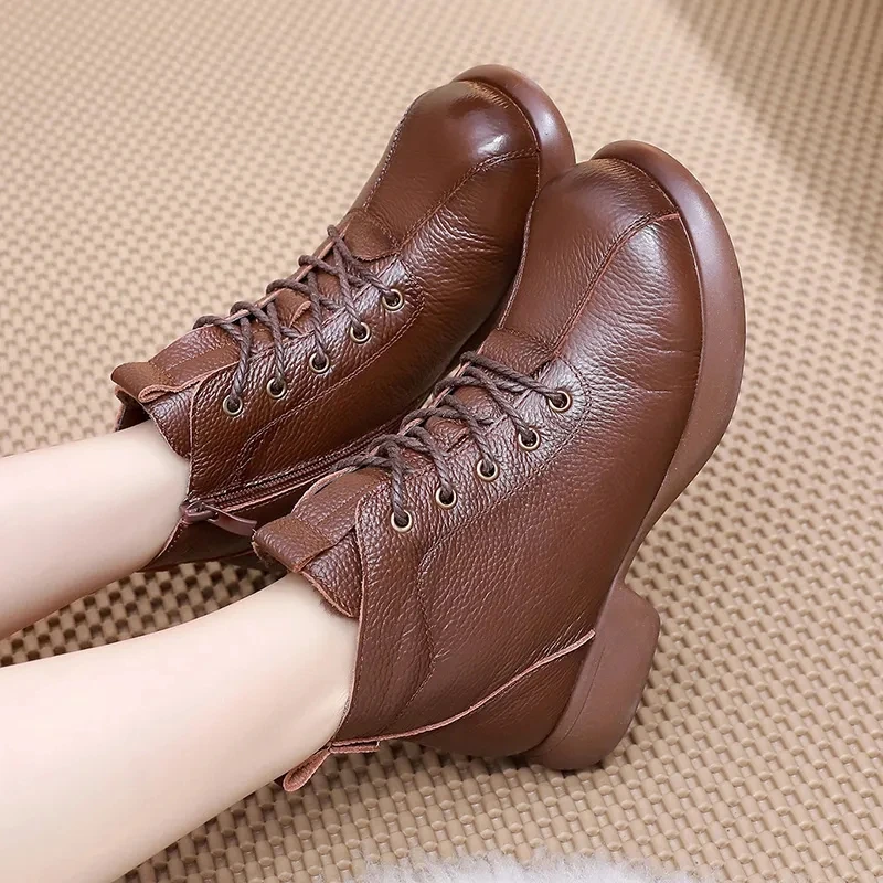 New Autumn Winter Women Genuine Leather Boots Retro Ladies Ankle Boots Platform Lace Up Female Short Boots British Style Botas
