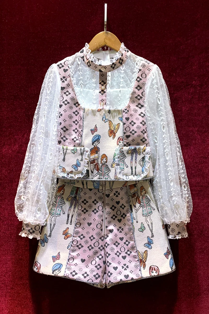 

Женская одежда в европейском и американском стиле, новинка весны 2022, рубашка с длинными рукавами-фонариками и пэчворком, жаккардовые шорты ...