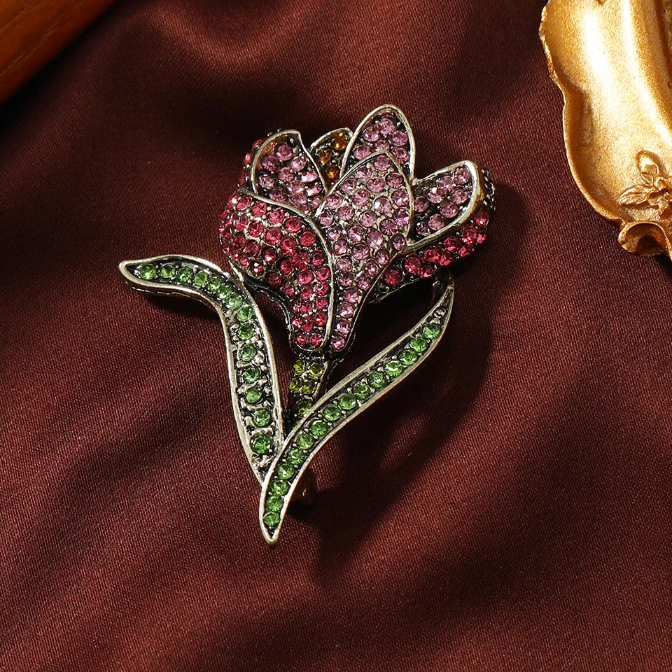 

New Vintage Luxury Full Rhinestone Tulip Flower Brooches For Women Elegant Flower Brooch Suit Accessories Party Jewelry Gifts