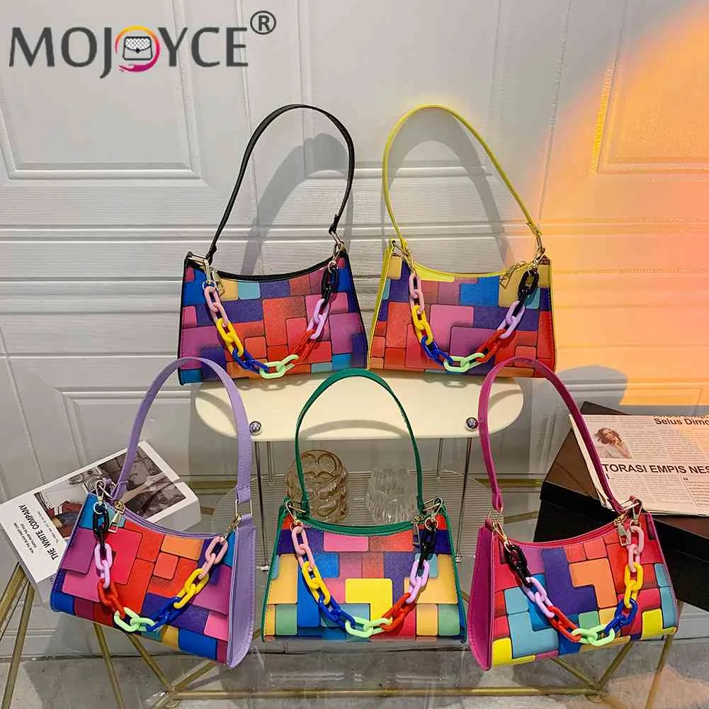 

Fashion Geometric Hit Color Clutch Bag Leather Women Casual Female Shoulder Underarm Chain Clutches Purse Handbag Street Style