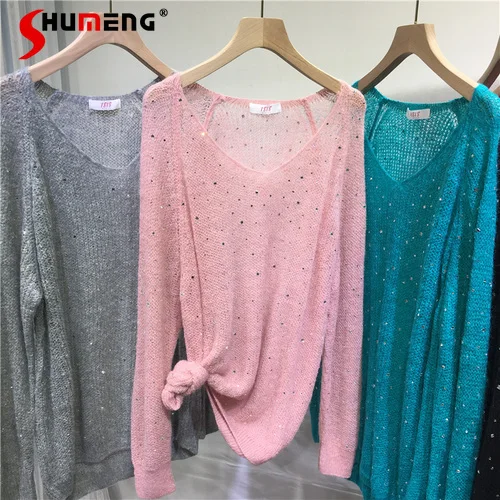 

Heavy Embroidery Hot Drilling Sweater Women's Lightweight V-neck Top Long Sleeve Idle Style Candy Color Sweet Knitted Top Autumn