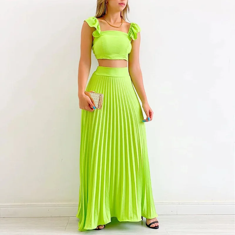 Women‘s Spring 2023 New Solid Color Short Vest High Waist Pleated Skirt Fashion Casual Suit