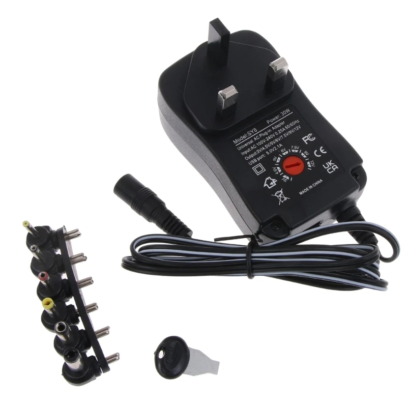 

30W Universal AC/DC Adapter Switching Power Supply with 6 Selectable Adapter Tips for 3V-12V Household Electronics LED