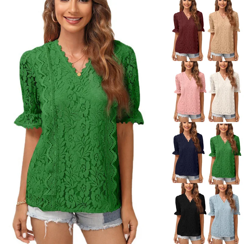 

Women's Fashion Casual Summer Clothes V-neck Lace shirt Tops Ladies Skeleton Solid Color Shirts Pullover Hollow lace knit T-Shir