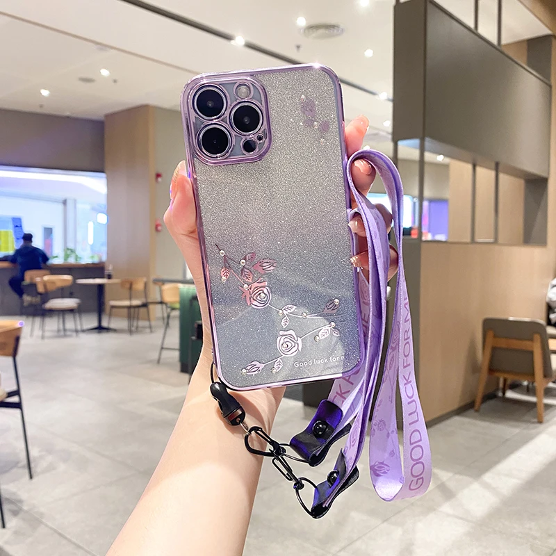 

Luxury Lanyard Bling Glitter Silicone Phone Case For iPhone 14 13 12 11 Pro XS Max XR SE 8 7 Plus Ultra-thin Electroplated Cover