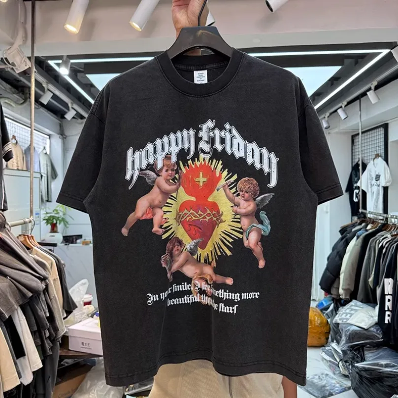 Винтажная потертая футболка с принтом Три ангела сердца для мужчин и женщин