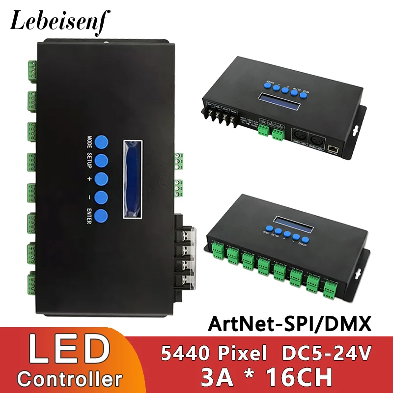 

Ethernet ArtNet SPI TTL DMX512 преобразователь сигнала 5440 светодиодный пиксельсветильник RGB RGBW контроллер постоянного тока 5-24 В 3 а/канал 16-канальный Встроенный предохранитель