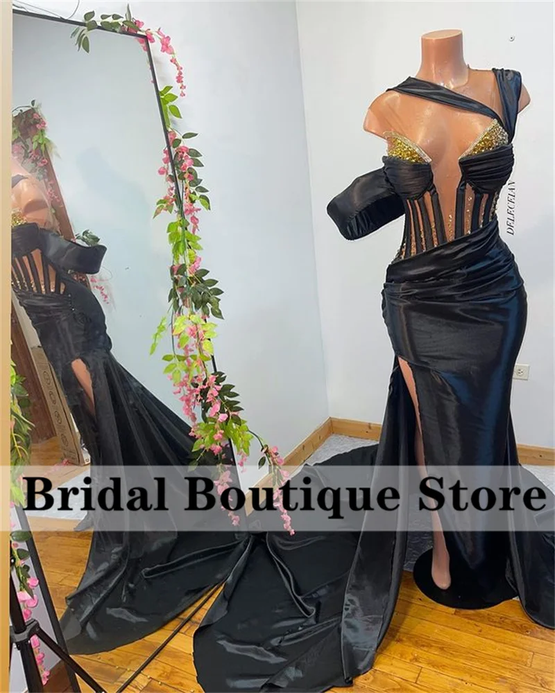

Elegant Mermaid Black Evening Dress 2023 Sheer Neck Off Shoulder Crystals Side Split Wedding Formal Prom Gowns Vestidos