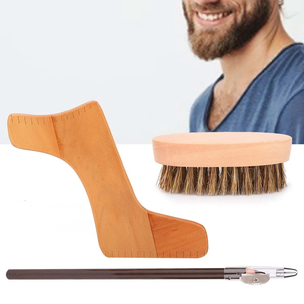 

A Set New Natural Wood Beard Brush Men Beard Shaping Tools Kit Mustache Styling Template Styling Pen Grooming Shaving Brush