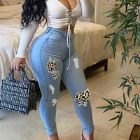 2021 autumn and winter new applique casual hole leopard print slim slimming denim skinny pants women large 6xl women clothes