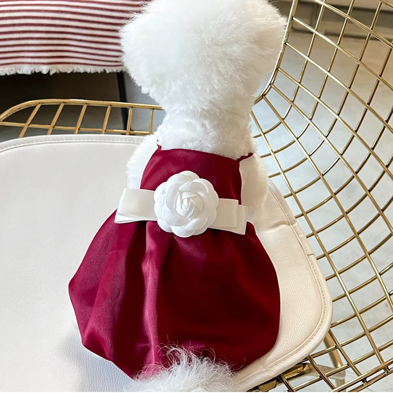 

Retro Elegant Silky Pet Dog Clothes Soft Cotton Ice Silk Wine Red Princess Dress For Small Medium Dog Chihuahua Puppy Outerwear