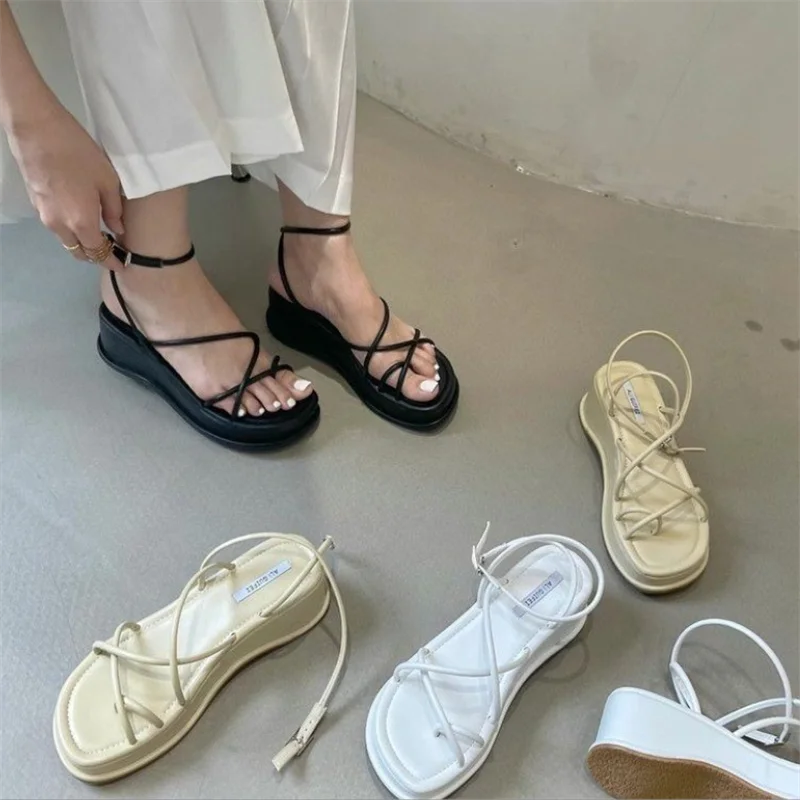 

Design Open Toe Women Sandals Summer Fashion Narrow Band Dress Shoes Platform Wedges Heel Ladies Ankle Strap Gladiator Sandalias