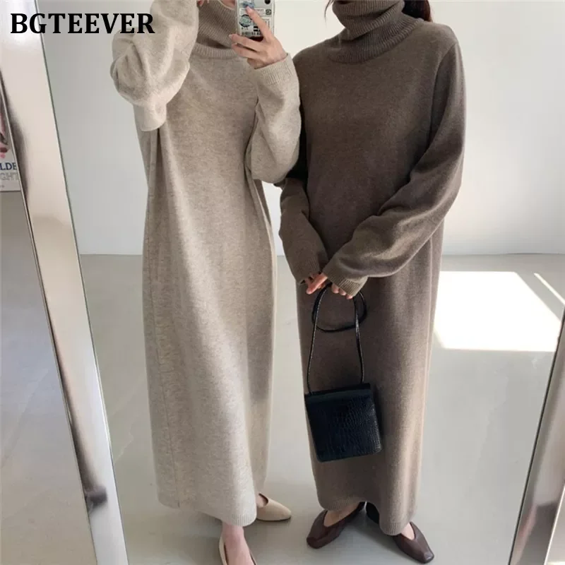 

BGTEEVER Casual Thicken Warm Women Knitted Dress Full Sleeve Loose Turtleneck Female Sweater Dresses 2021 Autumn Winter Vestidos
