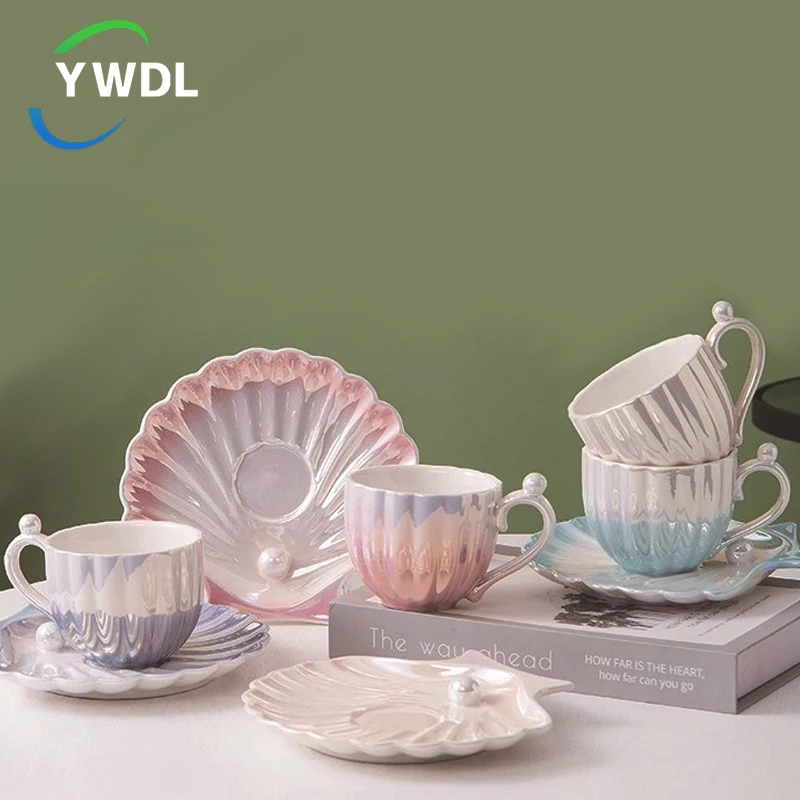 

240ml Coffee Cup With Saucer Ceramics Mug Thermal Breakfast Water Bottle For Girl Birthday Christmas Gift Pearl Shell