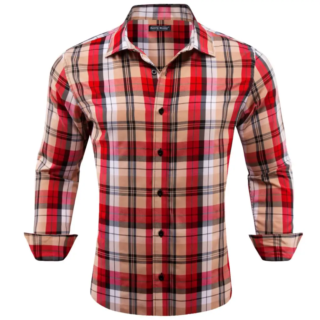 

Luxury Silk Shirts for Men Long Sleeve Red Black White Khaki Plaid Stripes Slim Fit Male Blouse Casual Formal Tops Barry Wang