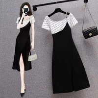 womens summer dress 2022 new fashion temperament fake two piece split dresses korean elegant black vinatage casual midi skirt