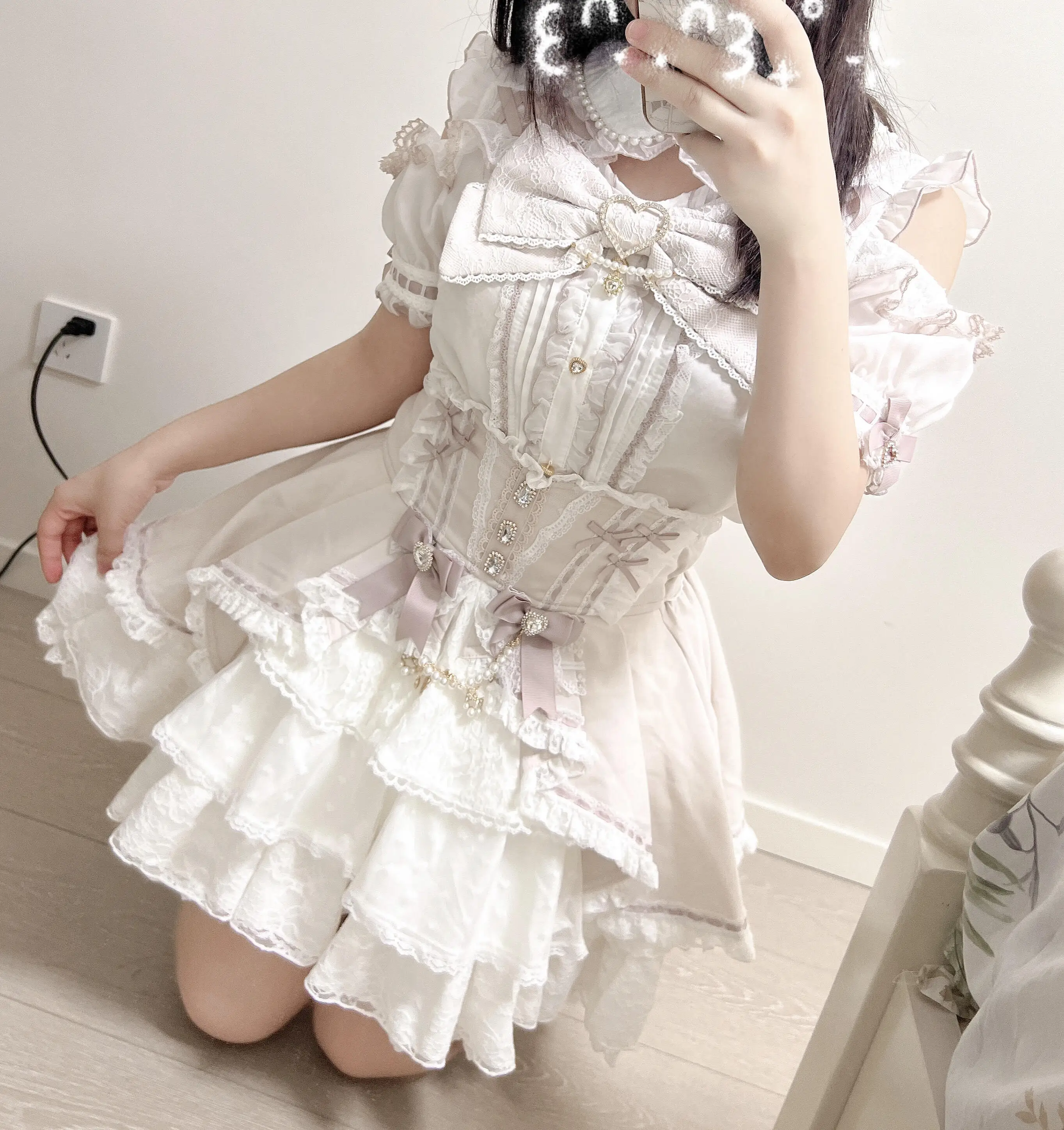 Фото Мини-юбка Kawaii Jirai Kei Ryousangata для женщин, японская милая лолита, с высокой талией, оборками, кружевом, многоярусная, в форме трапеции, короткая юбка №3