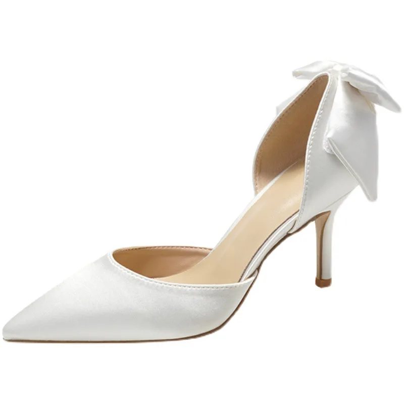 Women Princess Wedding Shoes White Bow High Heels Pumps Silk Vamp Pearl Buckle Bridesmaid Shoes Designer Style Bridal Shoes