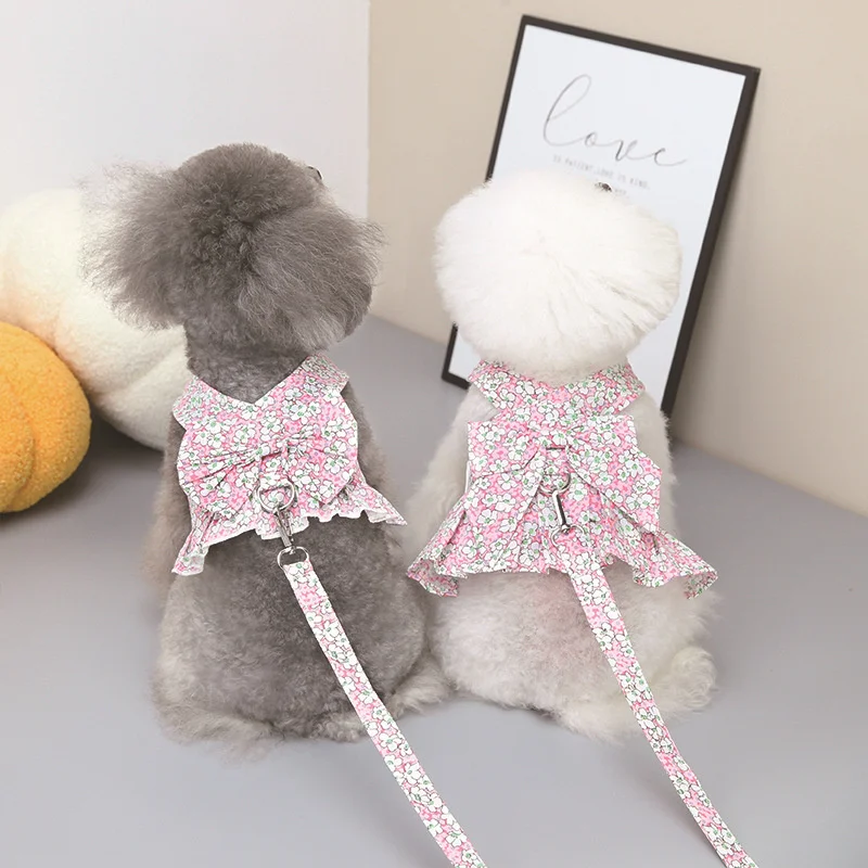 

Dog Harness Vest Leash Set Flowers Puppy Dress Clothes for Small Dogs Skirt Pets Vest Chihuahua Teddy Walking Lead