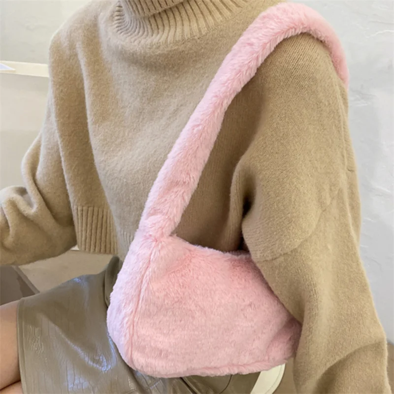 

Simple Design Women Soft Plush Hobos Shoulder Bags Winter Furry Ladies Clutch Purse Handbag Fashion Female Baguette Underarm Bag