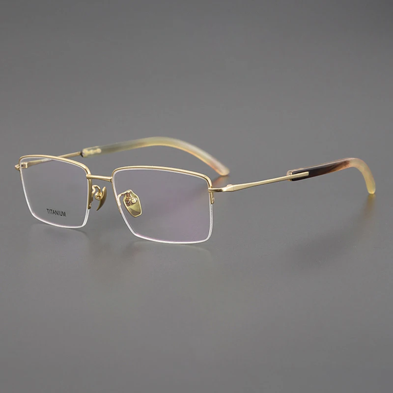 Fashion Semi-rimless Pure Titanium Glasses Frame 058F Men Women Handmade Natural Buffalo Horn Reading Prescription Eyewear